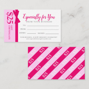 Pink ribbon bow business gift $25 gift certificate card