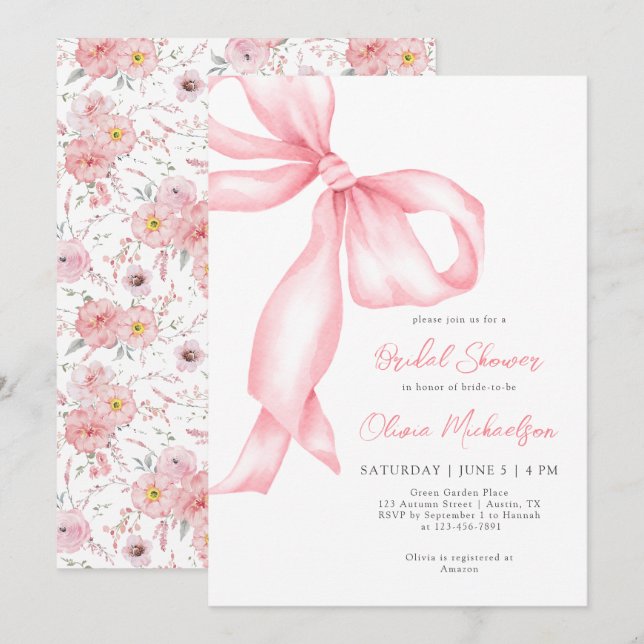 Pink Ribbon Bow Floral Coquette Bridal Shower Invitation (Front/Back)
