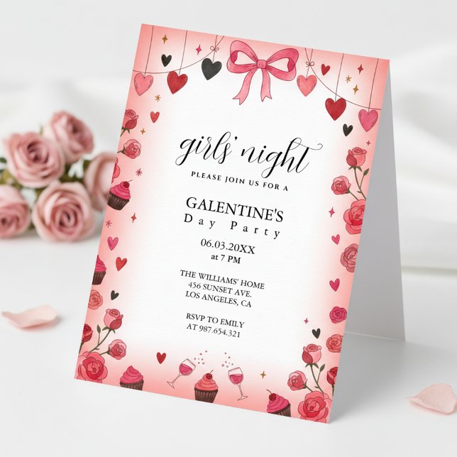 Pink Ribbon Bow Galentine's Invitation (Soft Feminine Design)
