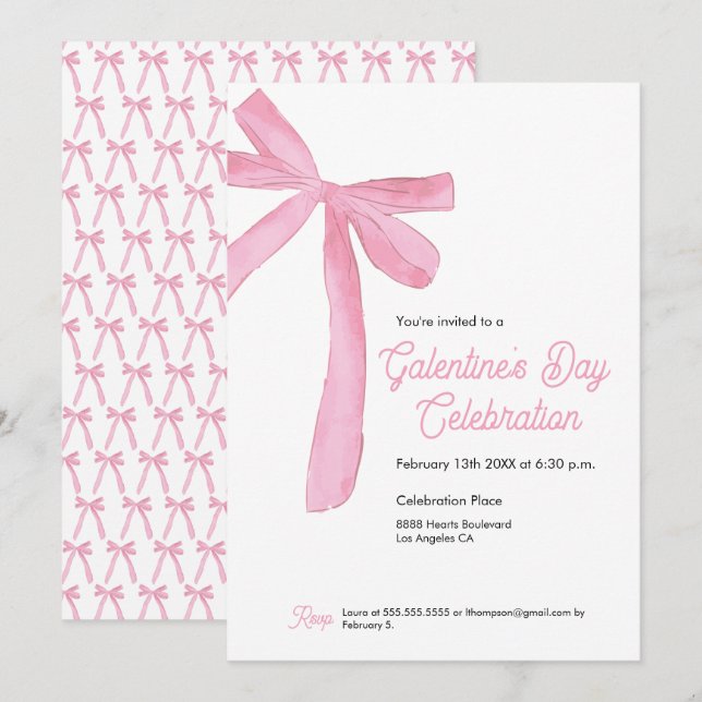 Pink Ribbon Bow Girly modern Galentine's day Invitation (Front/Back)