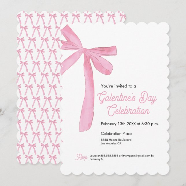Pink Ribbon Bow Girly modern Galentine's day  Invitation (Front/Back)