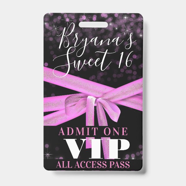 Pink Ribbon Bow Sweet 16 Party VIP Pass ID Badge (Front)
