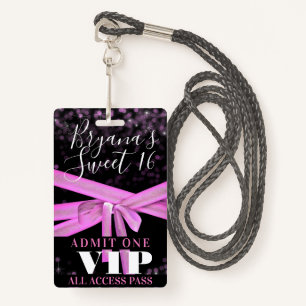 Pink Ribbon Bow Sweet 16 Party VIP Pass ID Badge