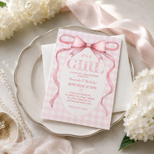 Pink Ribbon Bow Vintage Cute It's A Girl Shower Invitation