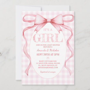 Pink Ribbon Bow Vintage Cute It's A Girl Shower  Invitation