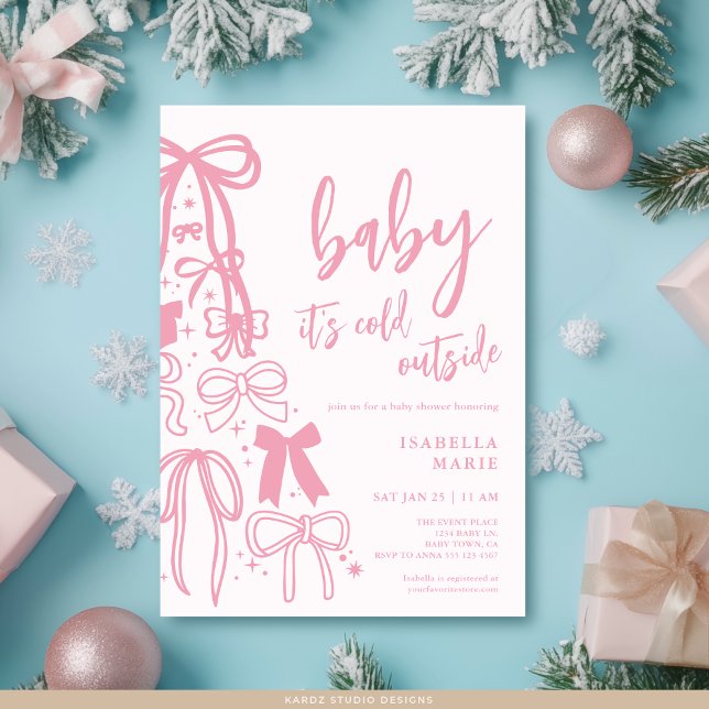 Pink Ribbon Bows Baby Its Cold Outside Baby Shower Invitation (Front of invite in 5 x 7 inches with squared corners. Personalize and choose paper + corner style.)