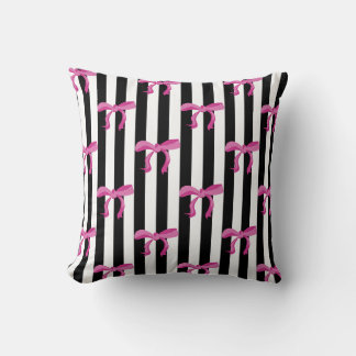 Pink ribbon bows on black and white stripes cushion