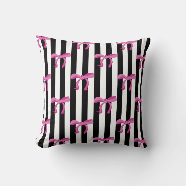 Pink ribbon bows on black and white stripes cushion (Front)