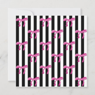 Pink ribbon bows on black and white stripes invitation