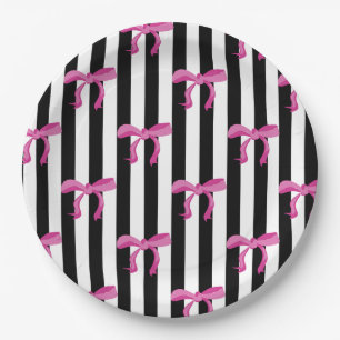 Pink ribbon bows on black and white stripes paper plate
