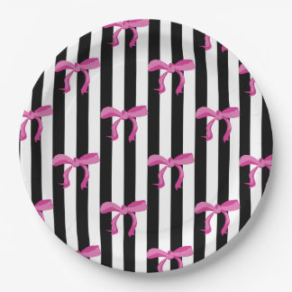 Pink ribbon bows on black and white stripes paper plate