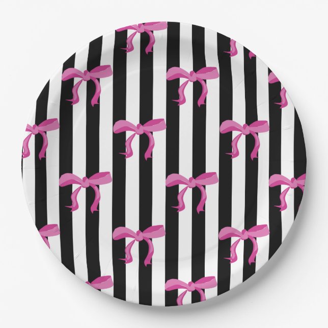 Pink ribbon bows on black and white stripes paper plate (Front)