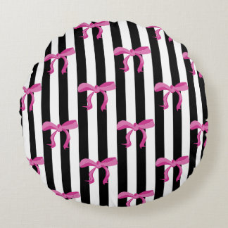 Pink ribbon bows on black and white stripes round cushion