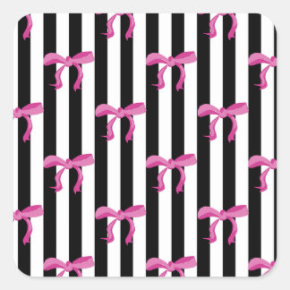 Pink ribbon bows on black and white stripes square sticker