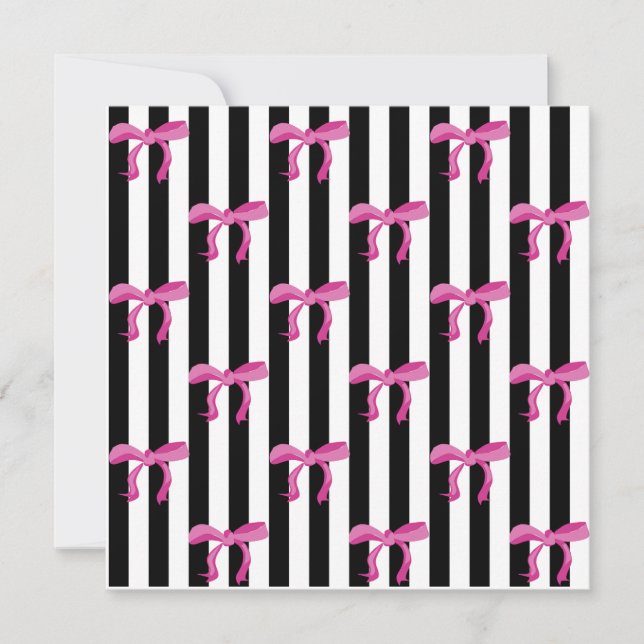Pink ribbon bows on black and white stripes thank you card (Front)