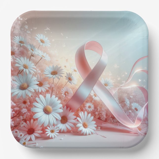 Pink Ribbon Breast Cancer Awareness and Daisies Paper Plate (Front)