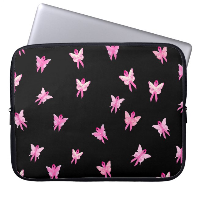 Pink Ribbon Breast Cancer Awareness Butterflies  Laptop Sleeve (Front)