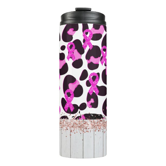 Pink Ribbon Breast Cancer Awareness Cow Print Thermal Tumbler (Front)