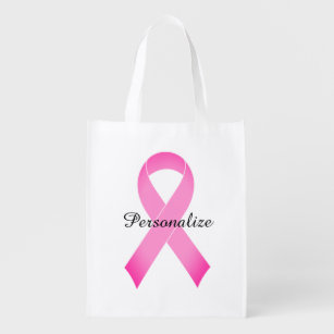 Pink ribbon breast cancer awareness custom reusable grocery bag