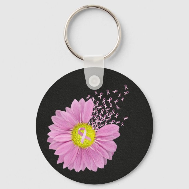 Pink Ribbon Breast Cancer Awareness Daisy Key Ring (Front)