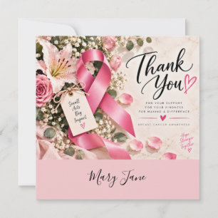 Pink Ribbon Breast Cancer Awareness Floral Thank You Card