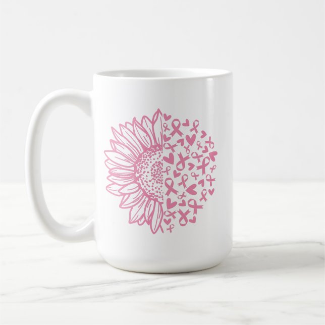 Pink Ribbon Breast Cancer Awareness Sunflower Coffee Mug (Left)
