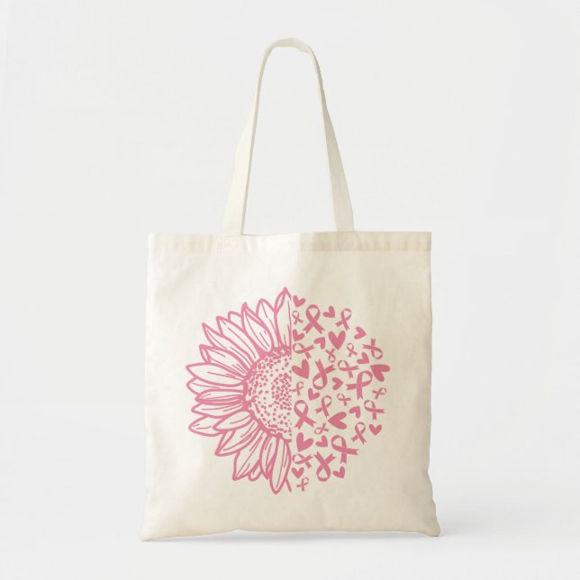 Pink Ribbon Breast Cancer Awareness Sunflower Tote Bag (Front)