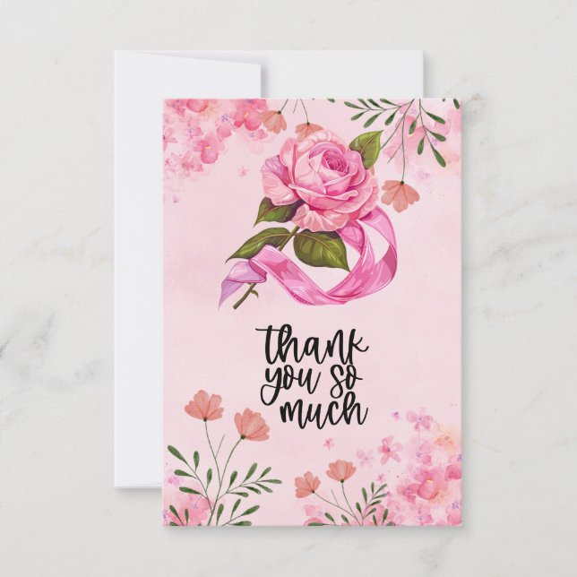 Pink Ribbon Breast cancer Awareness with Flowers  Thank You Card (Front)