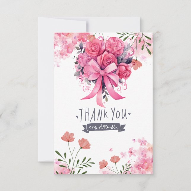 Pink Ribbon Breast cancer Awareness with Flowers Thank You Card (Front)