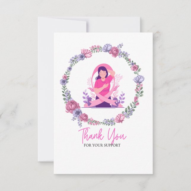 Pink Ribbon Breast cancer Awareness with Flowers Thank You Card (Front)