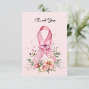 Pink Ribbon Breast cancer Awareness with Flowers Thank You Card
