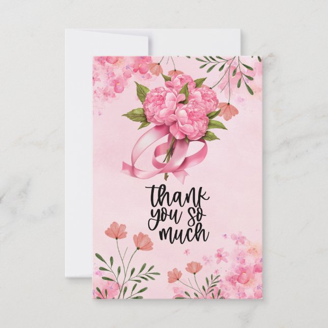 Pink Ribbon Breast cancer Awareness with Flowers  Thank You Card (Front)