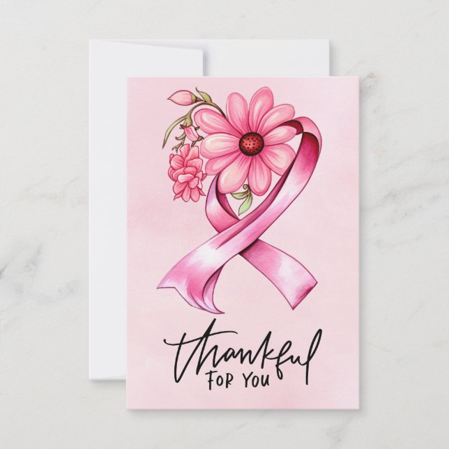 Pink Ribbon Breast cancer Awareness with Flowers Thank You Card (Front)