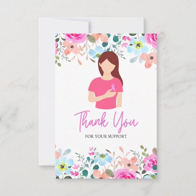 Pink Ribbon Breast cancer Awareness with Flowers Thank You Card (Front)