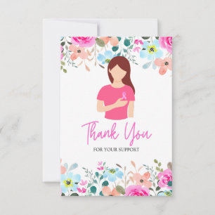 Pink Ribbon Breast cancer Awareness with Flowers Thank You Card