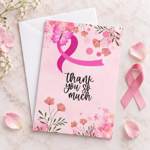 Pink Ribbon Breast cancer Awareness with Flowers Thank You Card
