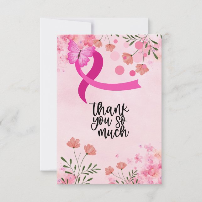 Pink Ribbon Breast cancer Awareness with Flowers Thank You Card (Front)