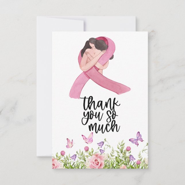 Pink Ribbon Breast cancer Awareness with Flowers Thank You Card (Front)