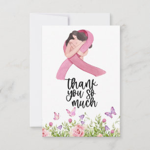 Pink Ribbon Breast cancer Awareness with Flowers Thank You Card