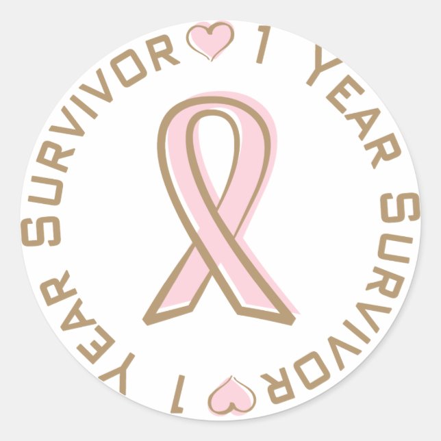 Pink Ribbon Breast Cancer Survivor 1 Year Classic Round Sticker (Front)