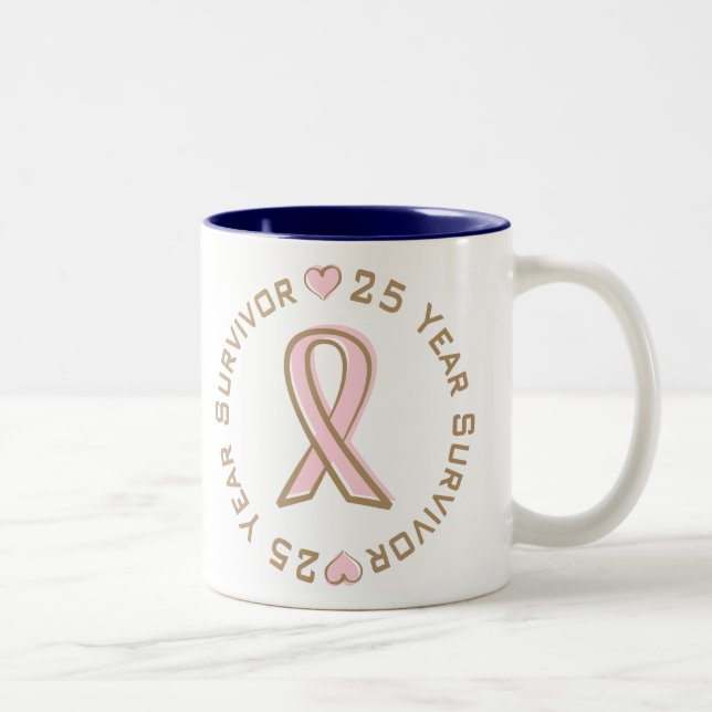 Pink Ribbon Breast Cancer Survivor 25 Years Two-Tone Coffee Mug (Right)