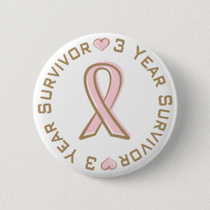 Pink Ribbon Breast Cancer Survivor 3 Years 6 Cm Round Badge