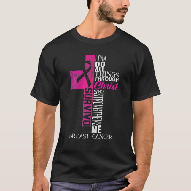 Pink Ribbon Breast Cancer Survivor Christian Cross T-Shirt (Front)