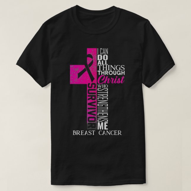 Pink Ribbon Breast Cancer Survivor Christian Cross T-Shirt (Design Front)