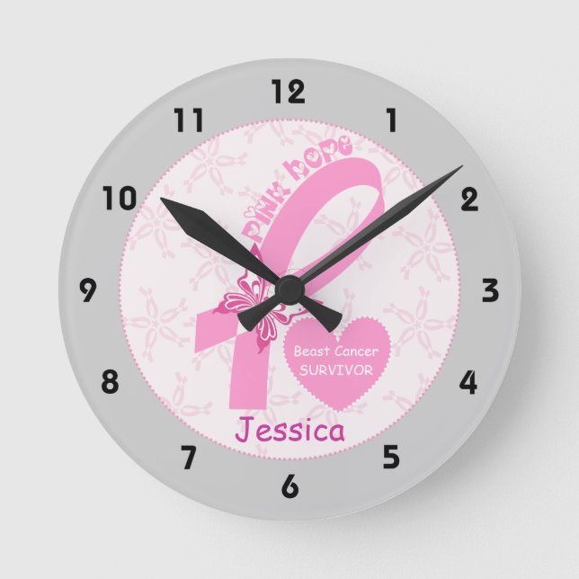 Pink Ribbon Breast cancer survivor, grey border Round Clock (Front)
