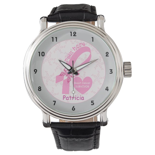 Pink Ribbon Breast cancer survivor, grey border Watch (Front)