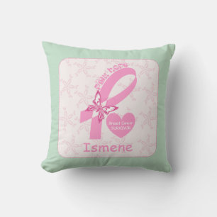 Pink Ribbon Breast cancer survivor mint border Cushion