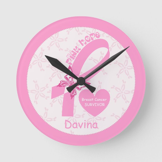 Pink Ribbon Breast cancer survivor & pink border Round Clock (Front)