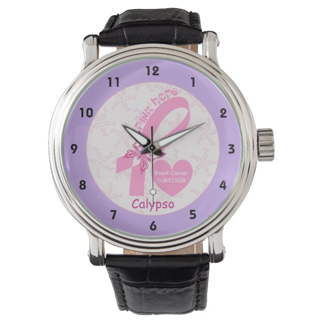 Pink Ribbon Breast cancer survivor & purple border Watch (Front)