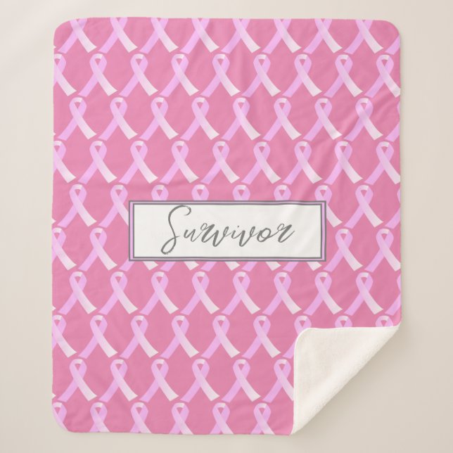 Pink Ribbon Breast Cancer Survivor Sherpa Blanket (Front)